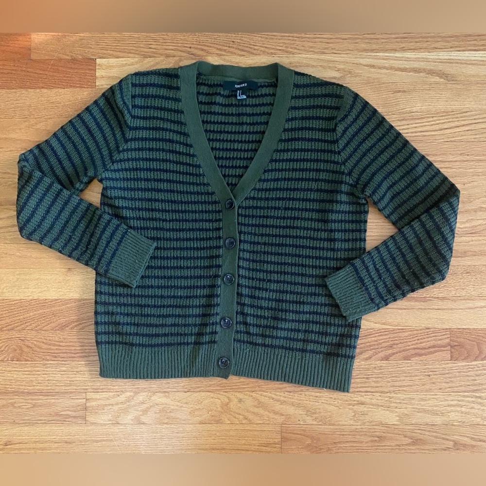 Forever 21 Cardigan Women’s Small Green Blue Striped Button Closure V neck
